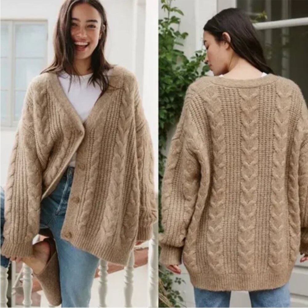 Jenni Kayne Cable Knit Cocoon Cardigan Alpaca Wool Cashmere Tan Oversized XXS